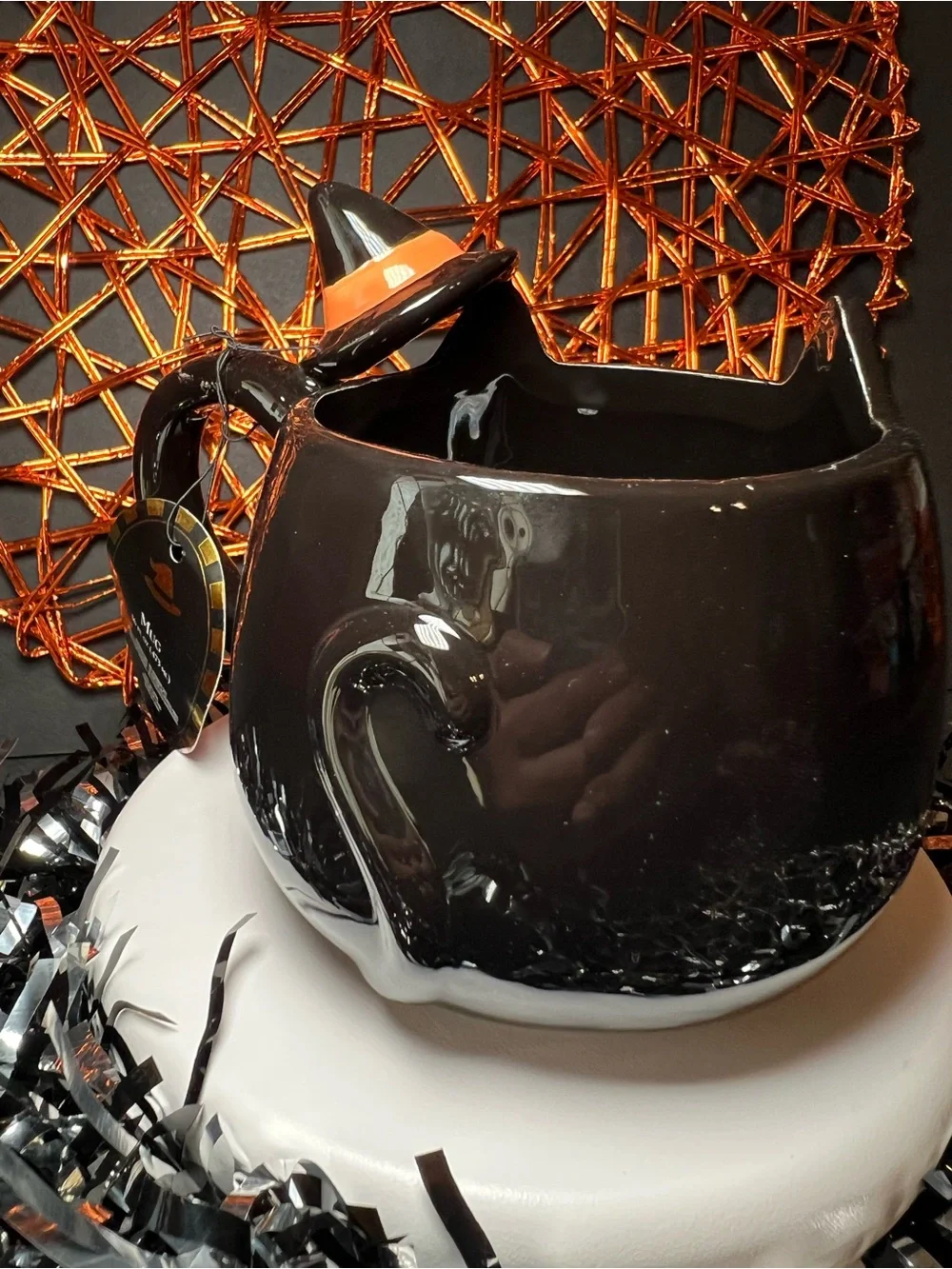 Halloween Black Cat Shaped Ceramic Mug with Witch Hat Handle Kitty Kitten